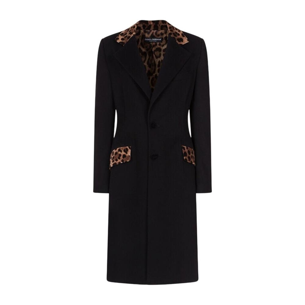 Dolce & Gabbana Mixed Cashmere Coat w/Leopard Print Detail Black Sz 50 IT (XL)